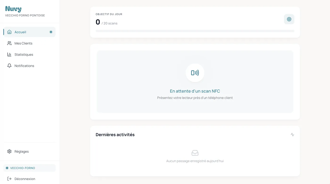 Dashboard commerçant Nuvy en attente d'un scan NFC