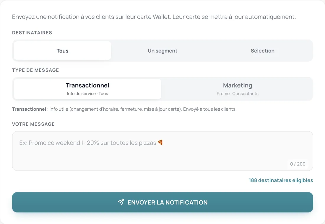 Écran d'envoi de notification dans le dashboard Nuvy